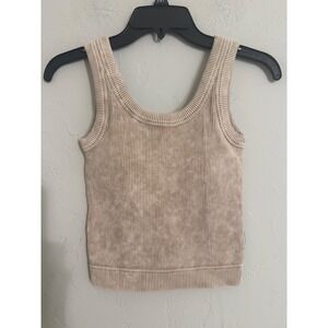 Zenana Womens Mineral Wash Ribbed Seamless TankTop Tan Beige S/M Cami Scoop Neck